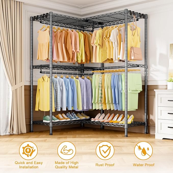 E15 Garment Rack L Shaped Clothes Rack for Corner，Freestanding Clothing Racks for Hanging Clothes，Heavy Duty Closet Organizer with 4 Hanging Rods & 8 S Hooks，43.4" W x 15.8" D x 78.4" H，Grey