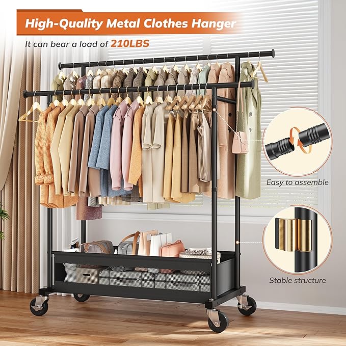 Clothes Rack, Double Rods Clothing Rack, Clothing Racks for Hanging Clothes, Rolling Clothes Rack with Storage Basket & Heavy Duty Wheels, Garment Rack for Bedroom, Laundry Room, Black