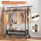 Clothes Rack, Double Rods Clothing Rack, Clothing Racks for Hanging Clothes, Rolling Clothes Rack with Storage Basket & Heavy Duty Wheels, Garment Rack for Bedroom, Laundry Room, Black