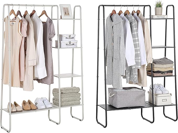 SunnyPoint Open Closet Garment Rack with 4-Tier Shelves & Bottom Storage Shelf, Freestanding Open Wardrobe Clothes Rack Organizer with Hanging Rod for Bedroom Closet. (OFF-WHITE)