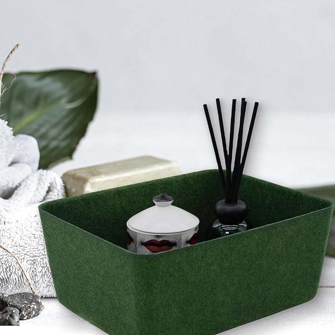 Welaxy Felt Storage Bin Deep Drawer Organizer for Makeup, Jewelry, Stationery, Closet & Bathroom, Minimalist living (Forest Green Bin, M)
