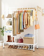 Clothes Rack - Double-Rod Clothing Rack with Built-In Hooks & Shelves, Multi-Functional Wardrobe Closet for Bedroom, Living Room, Entryway, 41.3" x 15.3" x 59.8", White