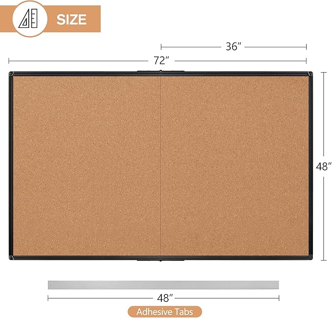 Extra Large Cork Bulletin Board 72" X 48", Foldable Notice Pin Board for Wall, Black Aluminium Framed 6'x4' Corkboard, Wall Mounted Noticeboard with 32 Push Pins for School, Home & Office