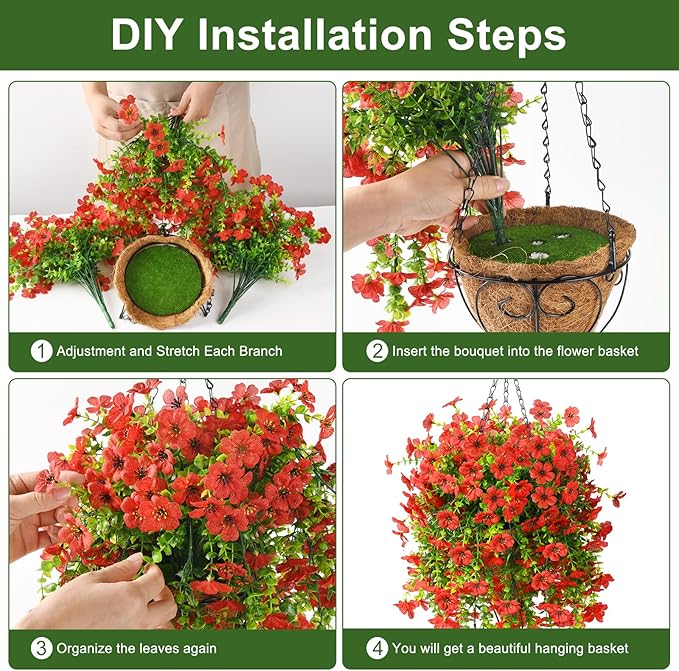 Artificial Fake Hanging Plants Flowers Baskets for Outdoor Outside Spring Decor,Faux Silk Daisy UV Resistant Look Real Summer Decorations for Home Porch Patio Yard Garden(Red
