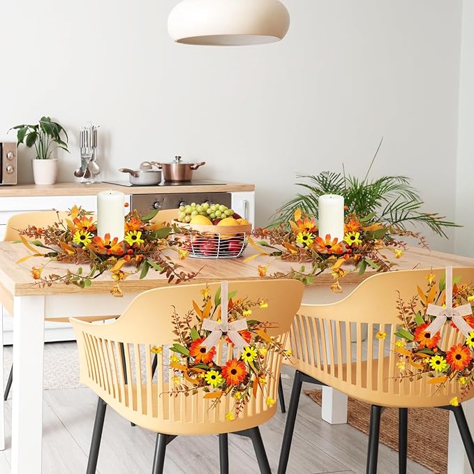 8 Pcs Mini Fall Autumn Swags Wreaths Thanksgiving Artificial Daisy Candle Rings Wreaths Autumn Cabinets Farmhouse Wreath with Ribbon for Pillar Front Door Porch Wall Window Decoration
