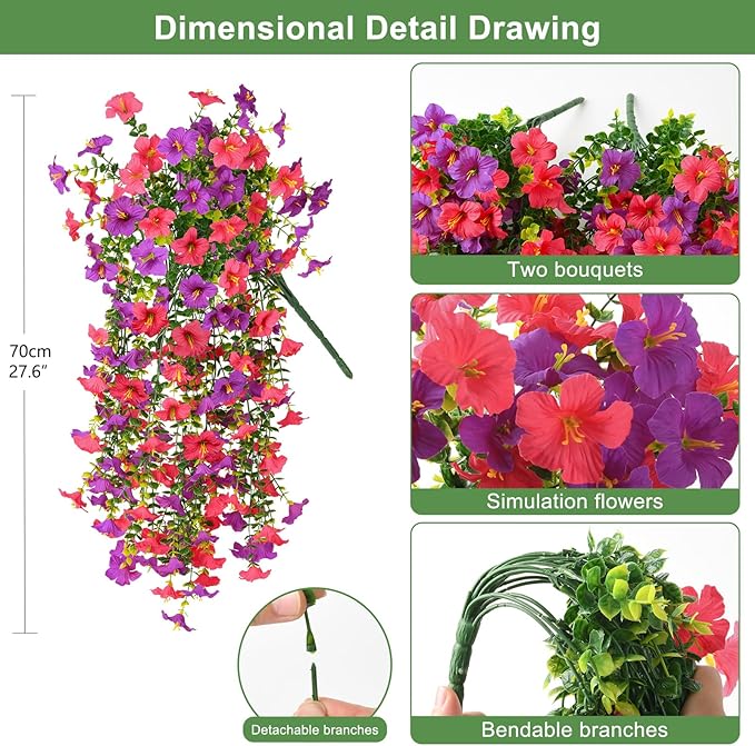 Artificial Fake Hanging Flowers Plants for Outdoor Spring Decoration,2 PCS Faux Silk Morning Glory with Eucalyptus Leaves,UV Resistant Realistic Trailing Vines for Balcony Porch Patio Yard Garden