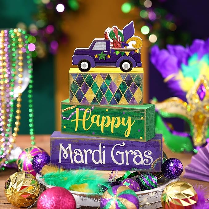 Lineshading 4 Pcs Mardi Gras Decorations Mardi Gras Table Centerpieces Wooden Truck Purple Golden Green Carnival Tiered Tray Decor Truck Block Signs for Masquerade Party Home Office Carnival Decor