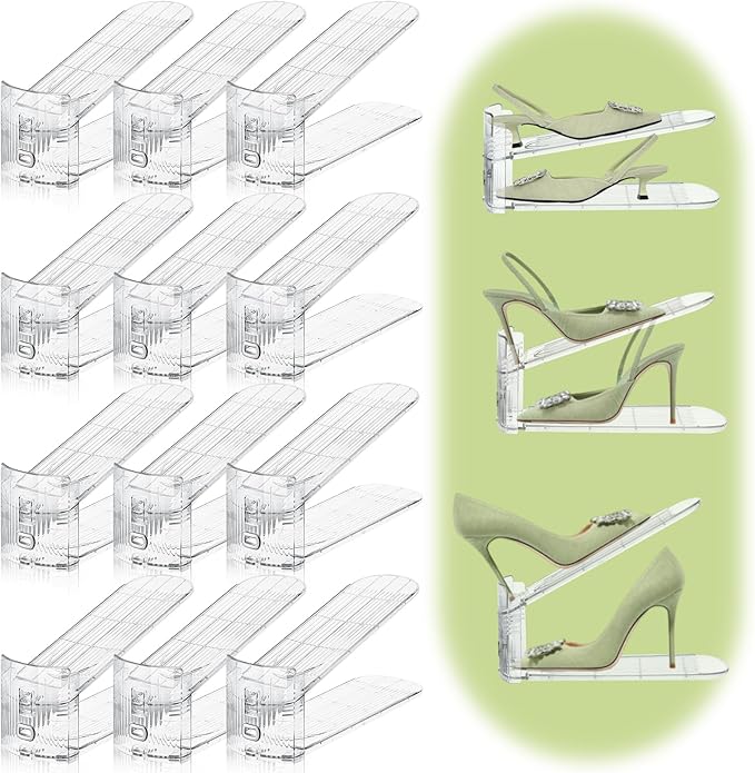 12 Pack Shoe Slots Organizer for Closet, Adjustable Shoe Stackers for a Pair of Shoes Shoe Rack Storage Shoe Space Saver 50% Shoe Shelf Display Holder for Closet