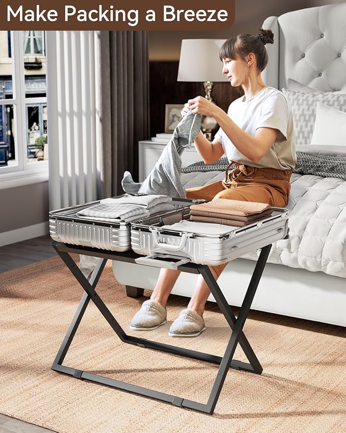 IBUYKE Luggage Rack for All Suitcase Sizes,Foldable Suitcase Stand,Metal Luggage Holder,Easy to Assemble for Bedroom Living Room Hotel,Black TLR001B