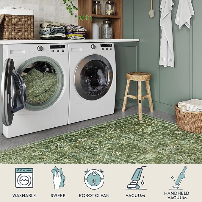 Lahome Moss Green Area Rug 8x10, Machine Washable Low Pile Thin Carpet for Living Room, Non-Slip Boho Rug for Bedroom Dining Office Apartments Home Decor