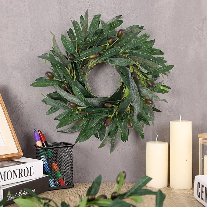 6 Pcs Artificial Summer Olive Wreaths Greenery Wreath Mini Green Kitchen Cabinet Wreaths Spring Wreath for Front Door Porch Wall Window Farmhouse Wedding Decoration