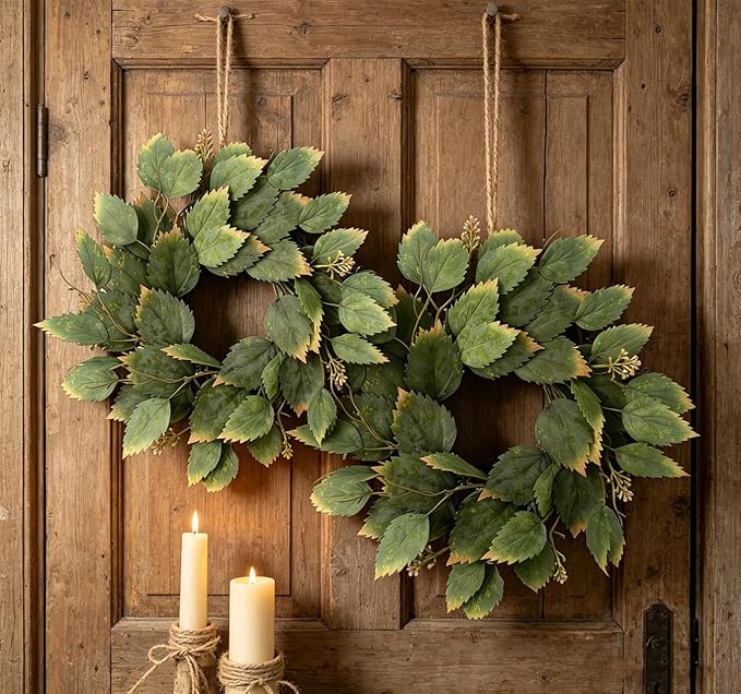 2 Pcs 16" Green Hibiscus Leaf and Eucalyptus Leaf Wreath - Artificial Greenery Candle Ring Wreath for Table, Front Door, Porch, Window & Home Holiday Decor - All Season Hanging Wreath