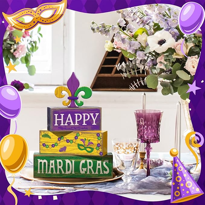 Moucuny 4 Pcs Mardi Gras Decorations Mardi Gras Wooden Sign Carnival Table Centerpiece Carnival Tiered Tray Decor Decorative Faux Book Stack Block for Masquerade Party Fireplace Mantel Shelf
