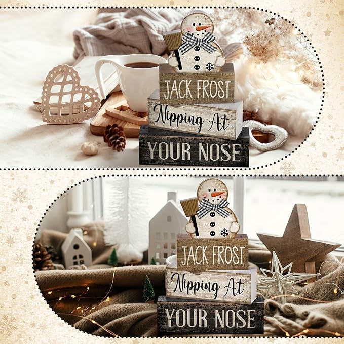Moucuny 4 Pcs Winter Table Decor Wooden Snowman Black and White Winter Tiered Tray Decor Rustic Decorative Snowman Block Sign Gifts Christmas Centerpiece Rustic Christmas Decorations for Home Kitchen