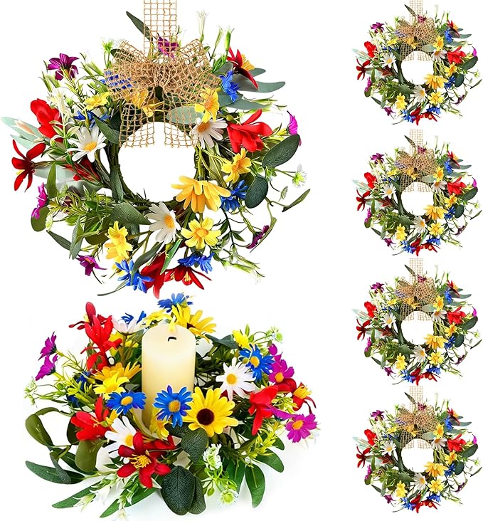6 PCS Small Spring Floral Kitchen Cabinet Wreath Mini Artificial Sunflowers Daisy Wreath for Front Door with Burlap Ribbon Wide Flower Hanging Farmhouse Wreaths for Porch Wall Window Decor