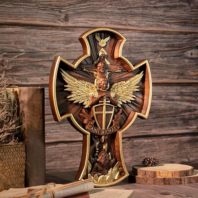 BGCOPPER Saint Michael Cross Wall Decor, Wooden Holy Trinity Crucifix Wall Cross, Jesus Cross for Wall Hanging Christmas Gift (20 Inch)