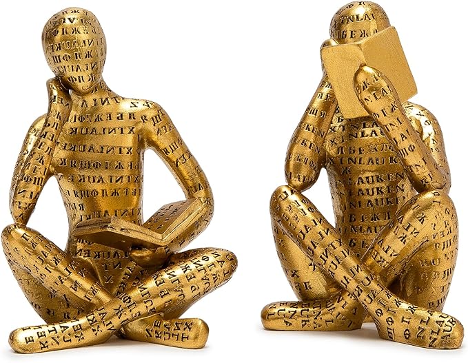 Antique Gold Reading Thinker Statue, Set of 2 Bookshelf Decor Abstract Art Thinker Sculptures, Modern Aesthetic Figurine Home Decoration Ornaments for Living Room Office Shelf Coffee Table Desk Decor