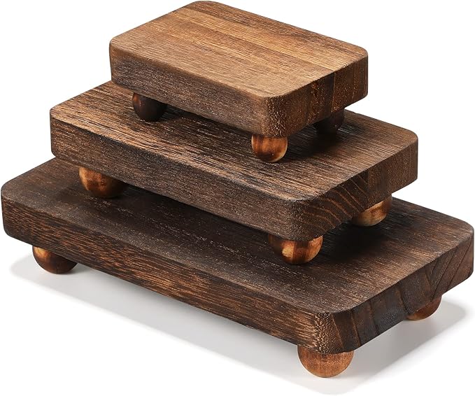 Maitys 3 Pcs Wooden Risers for Display Pedestal Stand Wooden for Decor Farmhouse Vintage Rustic Stackable Kitchen Stand Tray Riser, 3 Sizes(8 x 4.3, 6 x 3.5, 4 x 2.8 in,Brown)