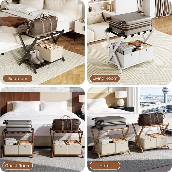 Fully Assembled Luggage Racks Set of 2 with 4 Foldable Cube Storage Bins, 26.77" Bamboo Luggage Rack Stand for Guest Room, 5 Nylon Straps, Suitcase Stand with Storage Shelf for Bedroom Hotel, White
