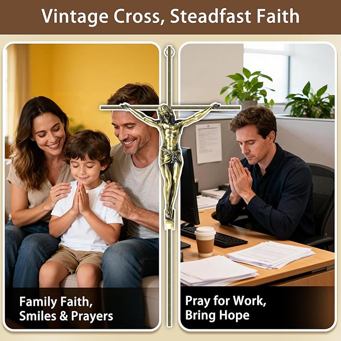 KUXBET Catholic Crucifix Wall Cross, 21 inch Metal Jesus Christ Cross, Handmade Hanging Wall Décor for Home, Religious Devout Give Faith Gift (21.0inch, Vintage)