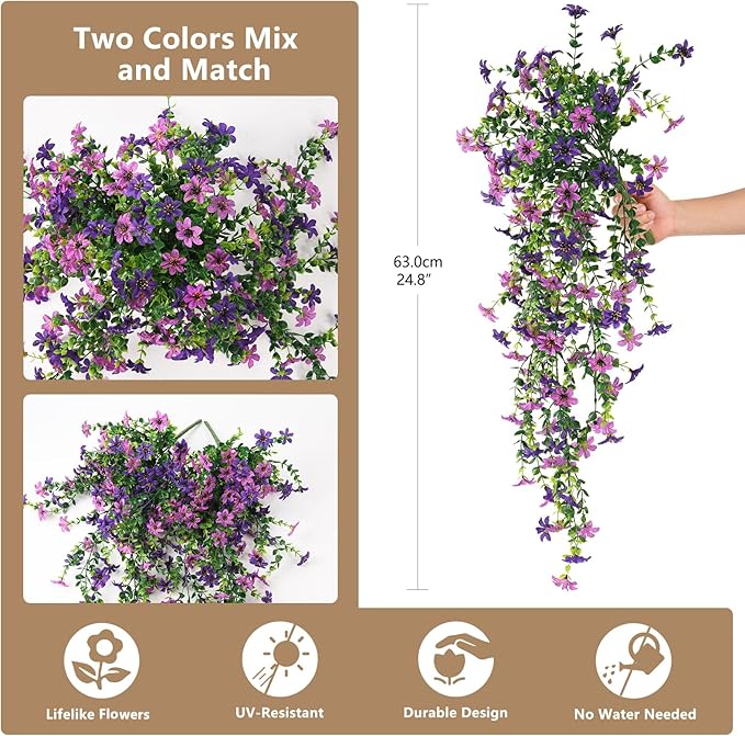 Artificial Hanging Flowers for Outdoors, 2 Pcs Fake Hanging Plant Spring Summer Decor, UV Resistant No Fade Realistic Faux Flower for Front Door Porch Planter Patio Garden Yard(Double Purple)