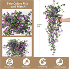 Artificial Hanging Flowers for Outdoors, 2 Pcs Fake Hanging Plant Spring Summer Decor, UV Resistant No Fade Realistic Faux Flower for Front Door Porch Planter Patio Garden Yard(Double Purple)