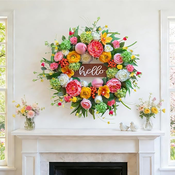 Spring Wreath for Front Door, 24 Inch Artificial Spring and Summer Wreath with Peony, Rose, Orchid, Hydrangea and Gardenia Flowers, Peach, Berries and Hello Wooden Sign, Decor for Indoor Outdoor