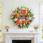 Spring Wreath for Front Door, 24 Inch Artificial Spring and Summer Wreath with Peony, Rose, Orchid, Hydrangea and Gardenia Flowers, Peach, Berries and Hello Wooden Sign, Decor for Indoor Outdoor