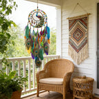 Dream Catcher Wall Hanging Decor for Bedroom Aesthetic, Handmade Traditional Wall Art with Feathers for Living Room, Nursery, Good Vibes Gift for Women,Girls,Home Decoration Wedding Party (Peacock)