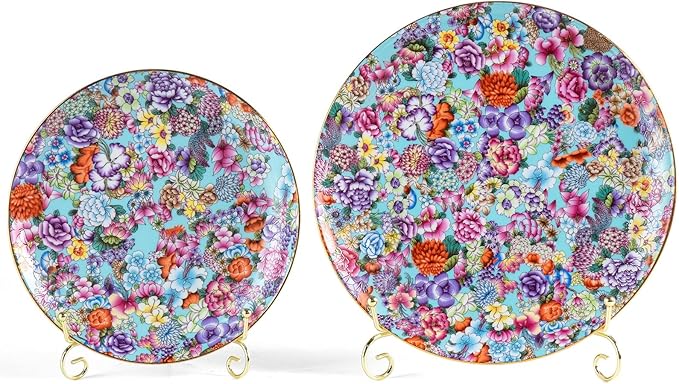 Decorative Plates Set for Display, Lake Blue Ceramic Plate Decor with Stand，Handmade Vintage Flower Porcelain Ornament for Living Room, Kitchen, Office, Perfect Chinese Style Dish Gift (8in+10in)