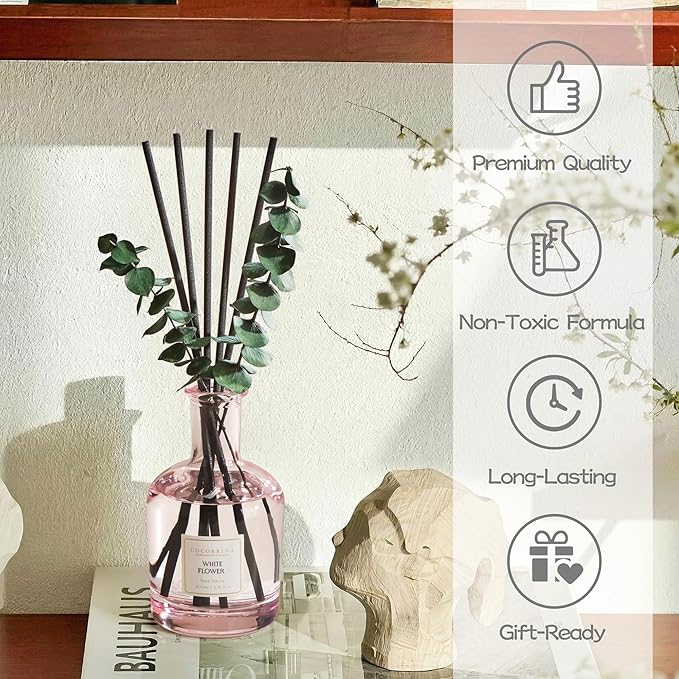 COCORRÍNA White Flower Reed Diffuser – 6.76 oz Essential Oil with 8 Reeds & Real Eucalyptus Sticks, Home Fragrance for Bedroom or Bathroom Décor