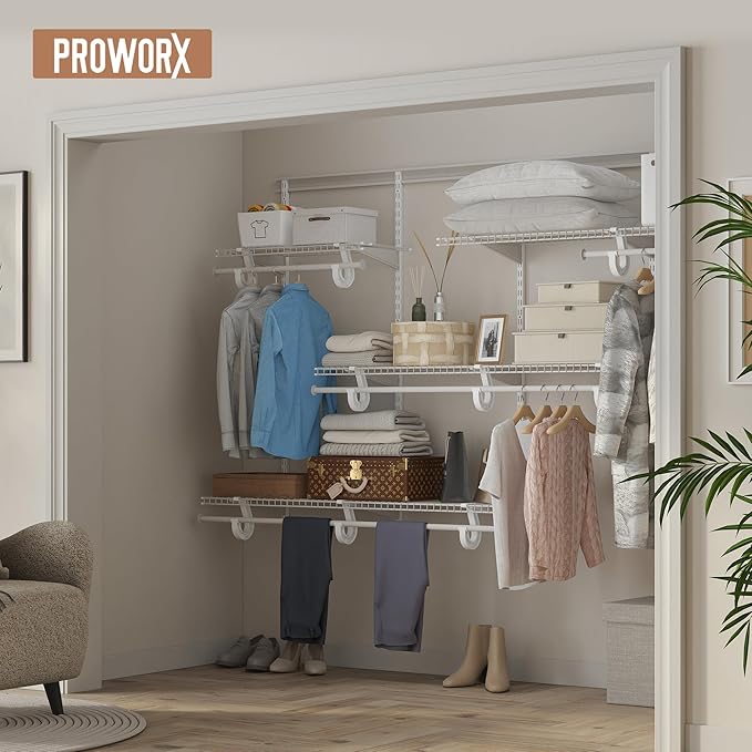 5-8 Ft Closet Organizer System, White Adjustable Custom Metal Wire Shelving Wall Mounted, Expandable Organization and Storage Shelf Kit with Hanging Rods