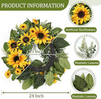 24 Inch Large Sunflower Spring Summer Wreath for Front Door, All Season Wreath with Bow Wreaths for Unique Housewarming Gift, Porch Wall Farmhouse Home Wedding Holiday Decor