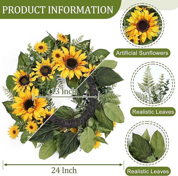 24 Inch Large Sunflower Spring Summer Wreath for Front Door, All Season Wreath with Bow Wreaths for Unique Housewarming Gift, Porch Wall Farmhouse Home Wedding Holiday Decor