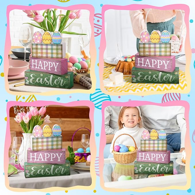 Lineshading 4 Pcs Easter Table Decoration Wooden Pastel Eggs - No Assembly Required Reusable Happy Easter Tiered Tray Decor, Perfect for Home Kitchen Party Farmhouse Centerpieces & Holy Week Gift