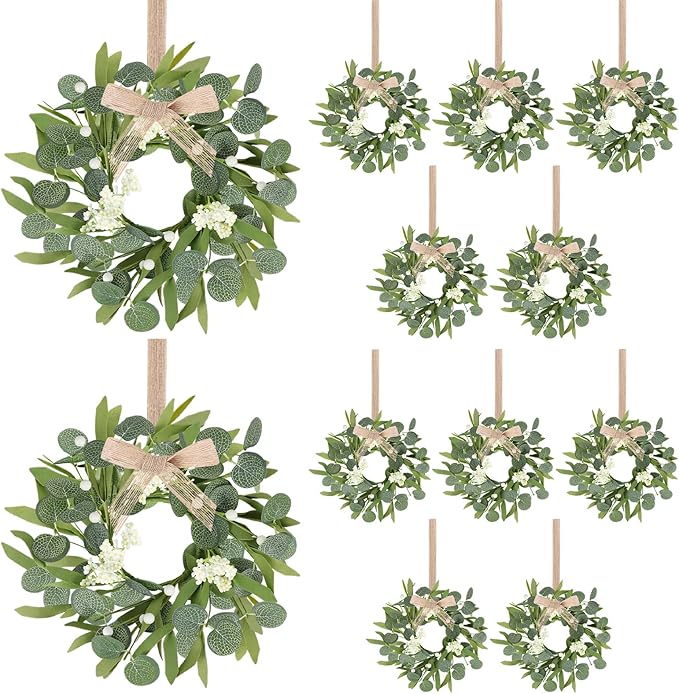 12 Pcs Green Artificial Eucalyptus Swag Wreaths Spring Summer Wreath with White Berries Mini Green Kitchen Cabinet Wreaths with Ribbon for Front Door Porch Wall Window Farmhouse Decoration