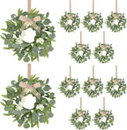 12 Pcs Green Artificial Eucalyptus Swag Wreaths Spring Summer Wreath with White Berries Mini Green Kitchen Cabinet Wreaths with Ribbon for Front Door Porch Wall Window Farmhouse Decoration