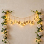 Boho Moon Phase Wall Hanging, Gold Hammered Metal LED Celestial Garland for Bedroom Witchy Home Christmas Decor