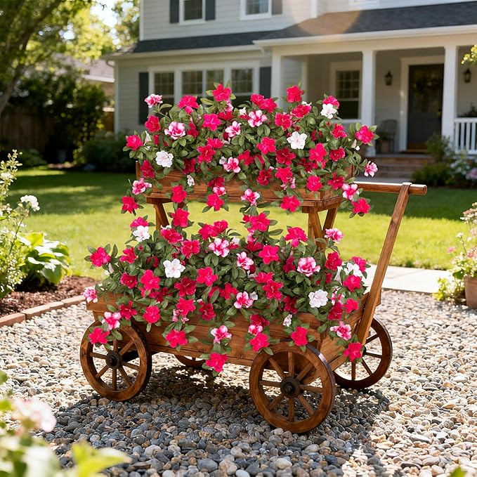 Artificial Fake Azalea Flowers for Outdoor Spring Decoration, Faux Silk Flower for Summer UV Resistant Look Real Plants for Garden Yard Porch Walkway Indoor Decor, 2PCS