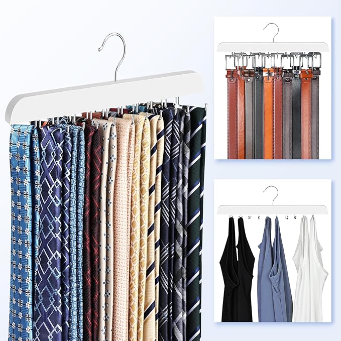 Upgraded Tie Rack Hanger with 20 Foldable Metal Hooks, Space Saving Necktie Organizer for Men – Large Capacity Tie and Belt Wooden Hanger for Closet - White