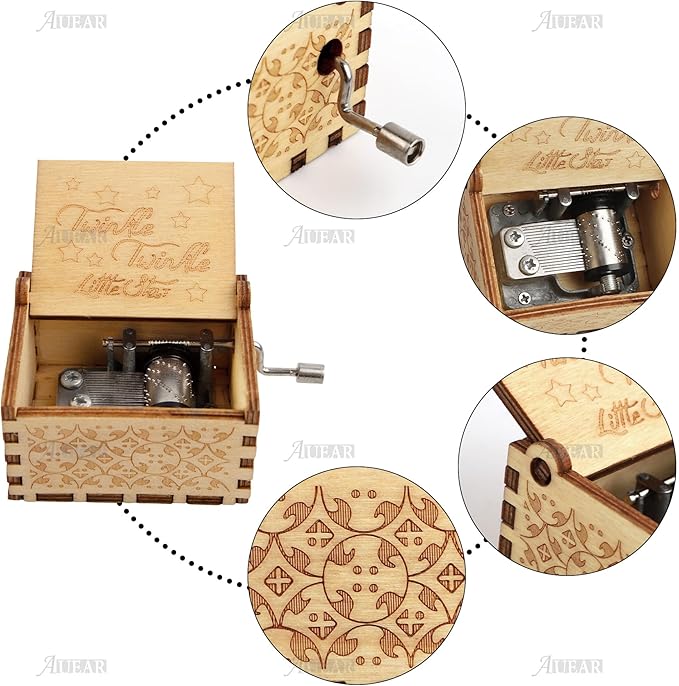 AUEAR, Wooden Hand Crank Twinkle Little Stars Music Box Vintage Handmade Best Gift for Friends