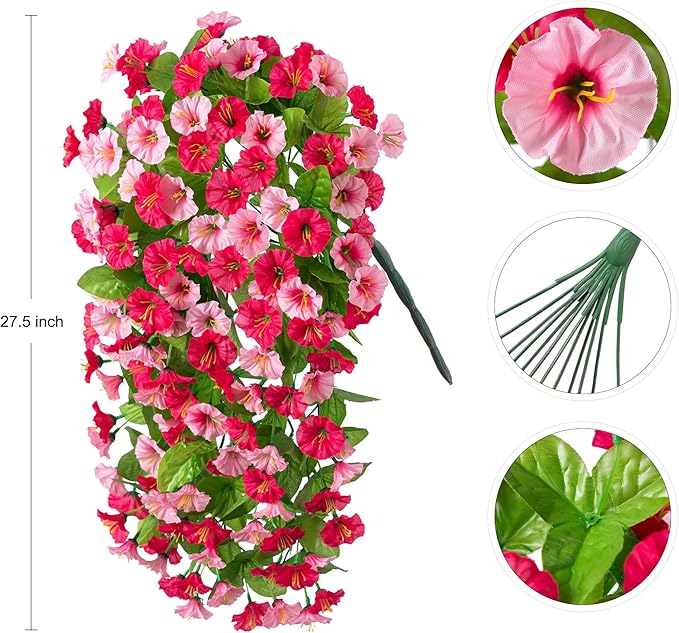 Artificial Fake Hanging Flowers Plants for Outdoor Decoration, 2PCS Faux Silk Morning Glory Long Vines Stems UV Resistant Look Real for Spring Summer Outside Home Porch Patio, Red Pink