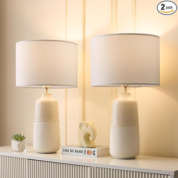 BrightWe Tall Ceramic Table Lamp Set of 2, White Lamps for Bedroom Farmhouse Rustic Lamp Set Bedside Nightstand Lamps Set of Two Side Table Lamps for Living Room, 22IN