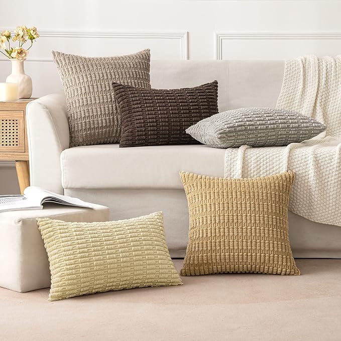 MIULEE Pack of 2 Corduroy Decorative Throw Pillow Covers 16x16 Inch Soft Boho Striped Pillow Covers Modern Farmhouse Home Decor for Sofa Living Room Couch Bed Light Brown
