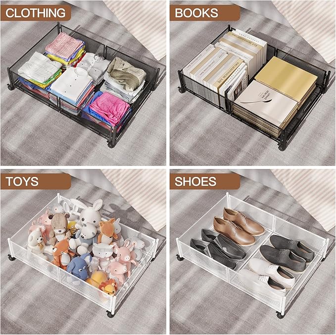 Under Bed Storage with Wheels, Foldable Metal Mesh Underbed Storage Container Bins, Tool-free Assembly Clothes Drawer Organizer,2Pack