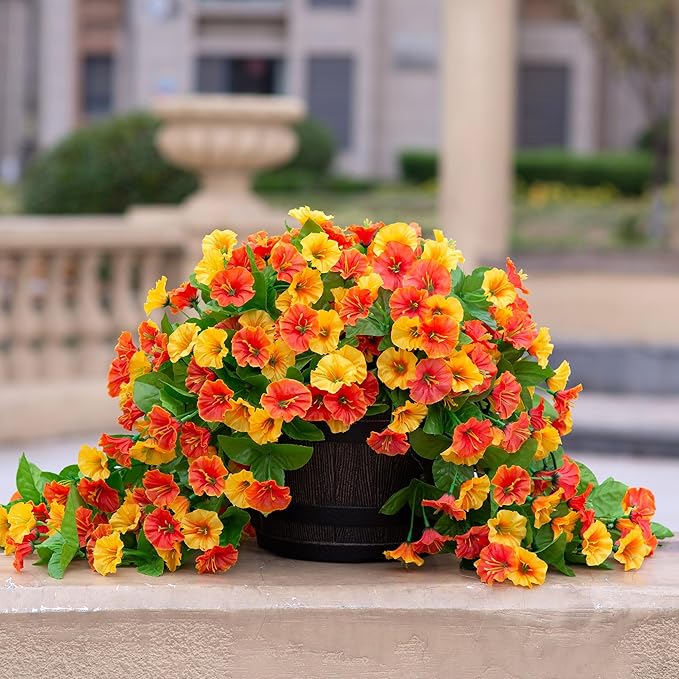 Artificial Flowers with Hanging Basket, Outdoor Faux Plants Silk Morning Glory Vines, Fake Green Arrangement for Garden Patio Spring Summer Decor(Orange)