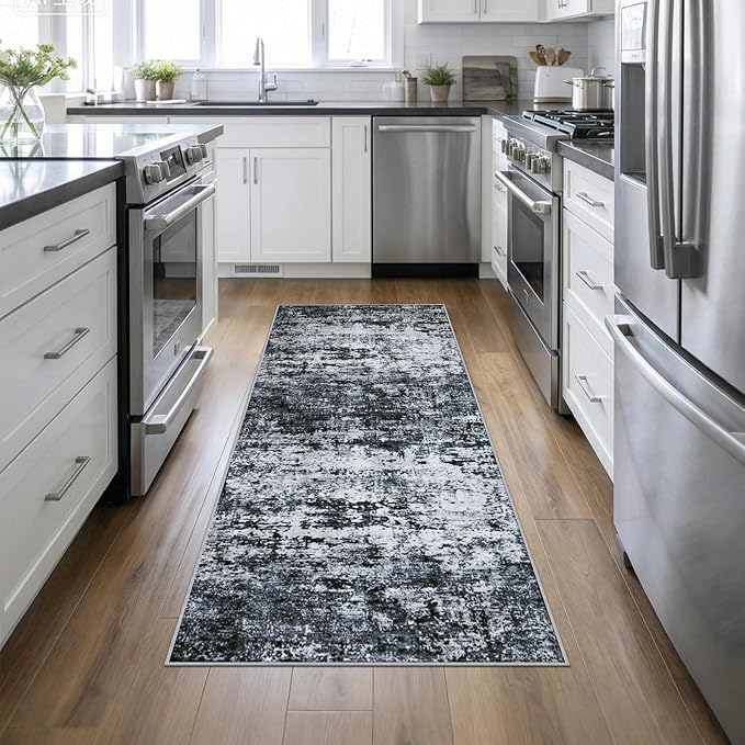 Washable Area Rug 3x8 Entryway Rug: Washable Modern Abstract Soft Thin Rug Indoor Floor No Slip Stain Resistant Carpet for Bedroom Dining Room Farmhouse Nursery Home Office - Black