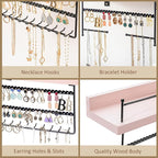 Lolalet Hanging Jewelry Organizer Wall Mount with Earrings Bracelets Necklaces Hooks, Easy Install Free Combination Holder for Wall Bathroom - Set of 2, Pink