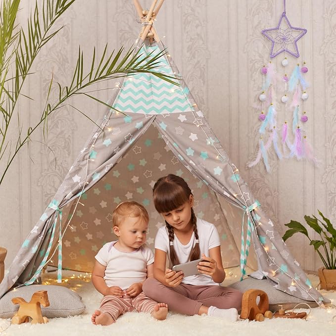 ElevateTech Purple Dream Catcher Wall Hanging Set, 2 Pcs Moon Star Pompom Feather Dreamcatcher Wall Decor Handmade Dream Catchers Boho Room Decor for Bedroom, Nursery Walls Art Birthday Gifts