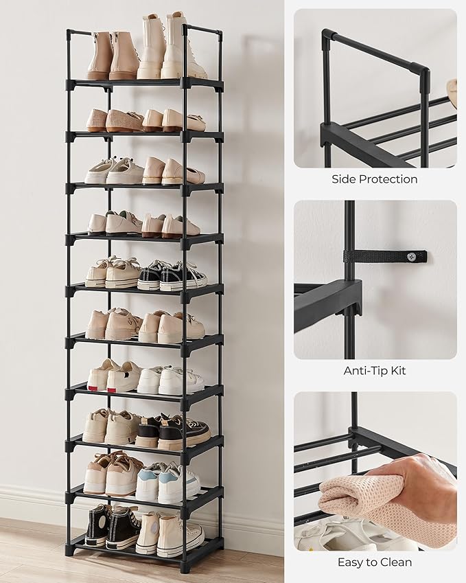 SONGMICS Shoe Rack, 10-Tier Shoe Organizer, Metal Storage Shelf, Upright or Upside Down, for 11-22 Pairs, for Entryway, 11.8 x 17.7 x 68.5 Inches, Black ULSA25BK